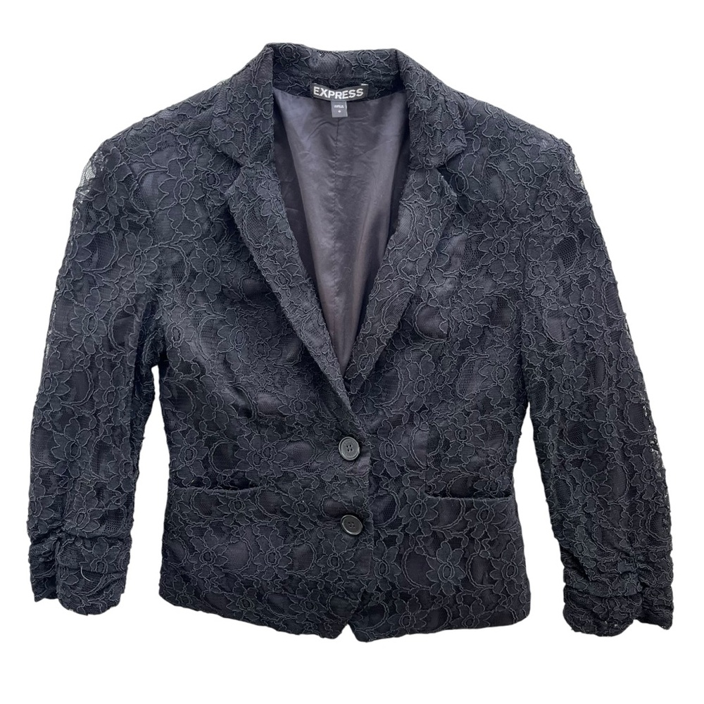 Express Womens 0 Black Floral Lace 3/4 Ruched Sleeves Fitted Lined Blazer 506587